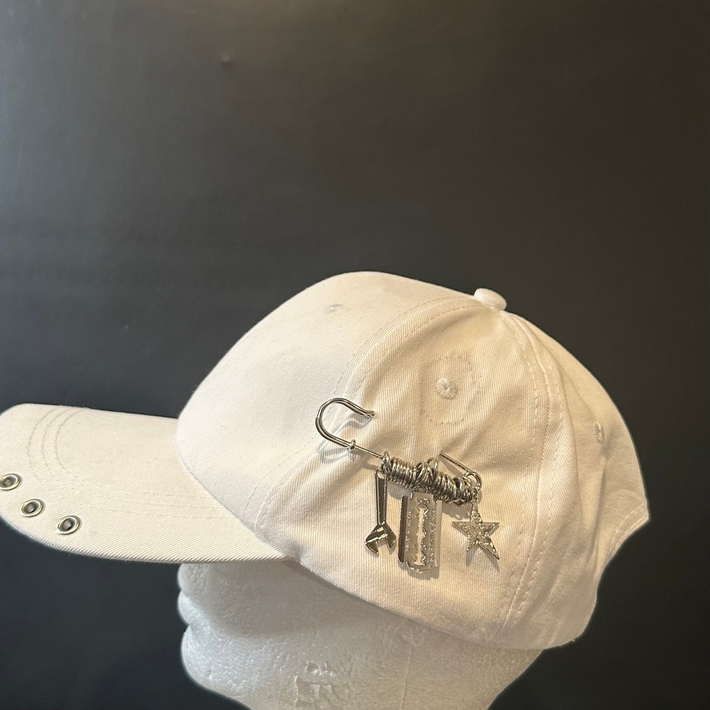 White Punk Safety Pin Charm Baseball Cap Grommet Brim Adjustable Dad Hat